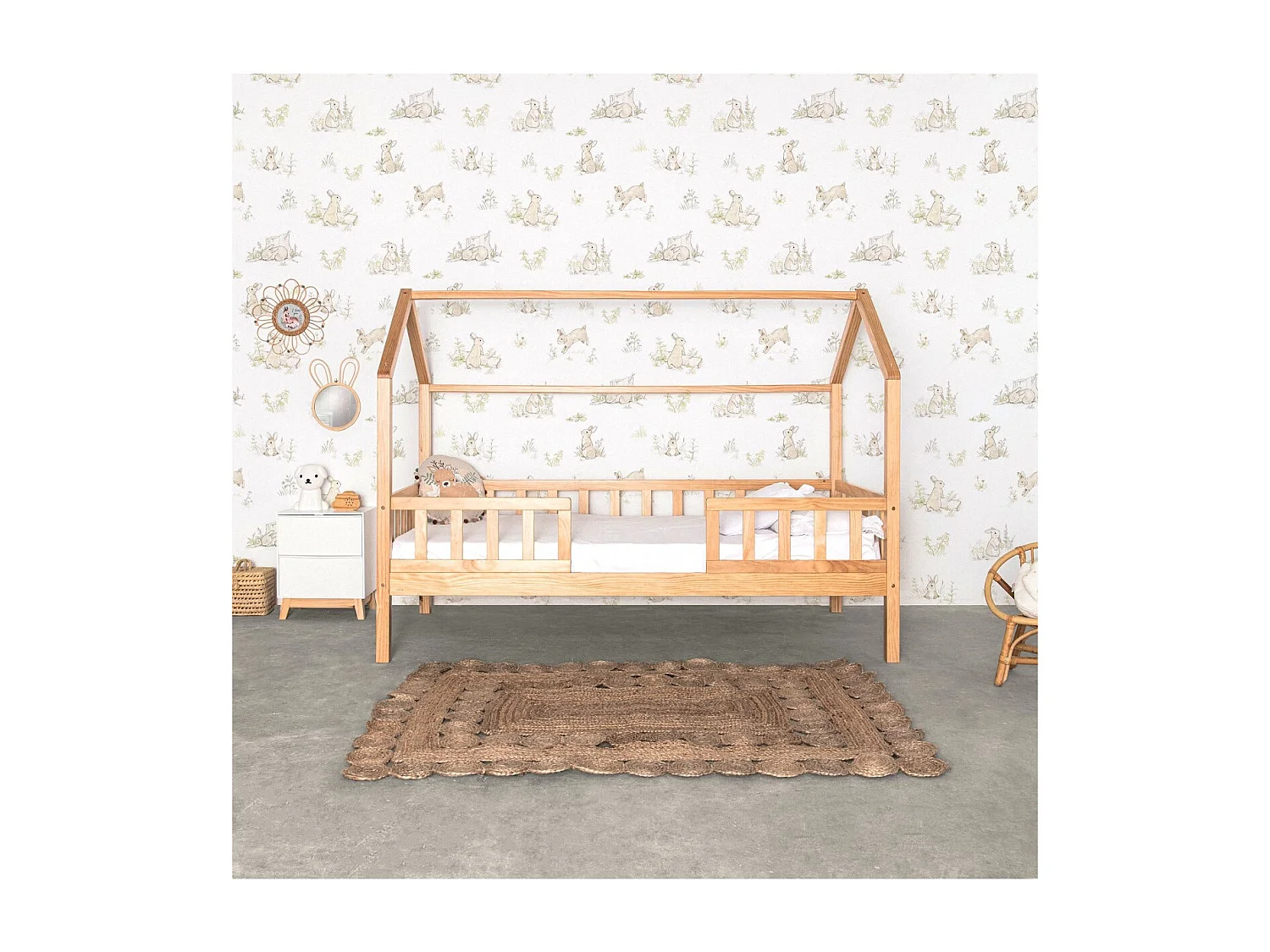 Bett Häuschen mit Geländer Holz Kieferfarbe 90x190 cm