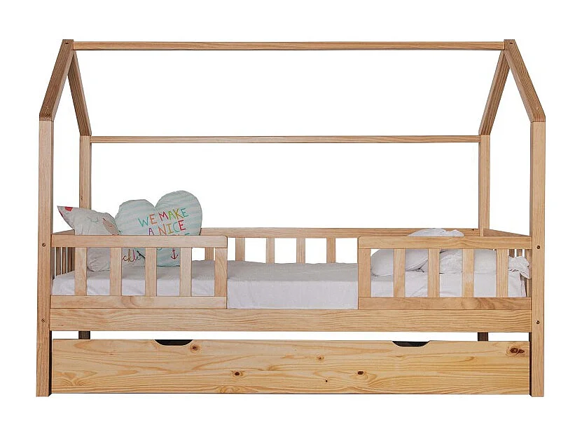 Bett Häuschen mit Geländer Holz Kieferfarbe 90x190 cm