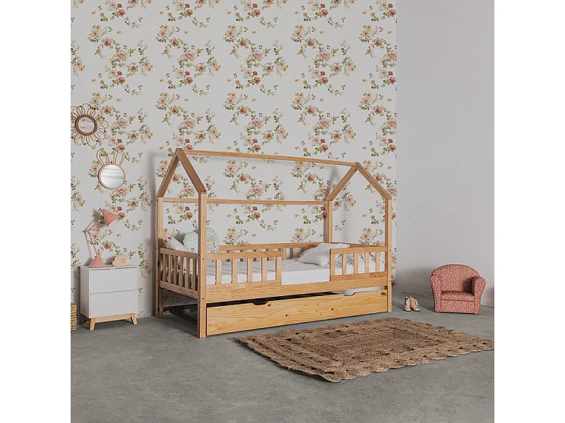 Huisbed met bedhekje van grenenhout 90x190cm