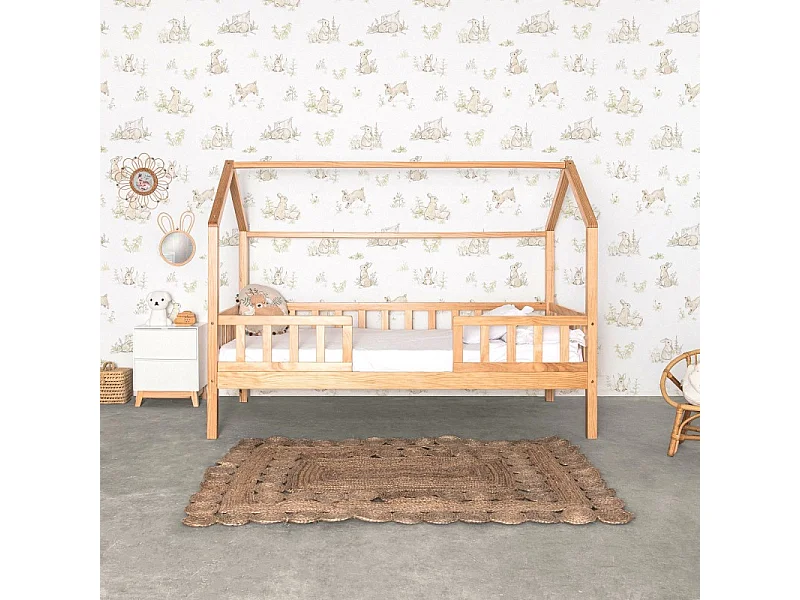 Bett Häuschen mit Geländer Holz Kieferfarbe 90x190 cm