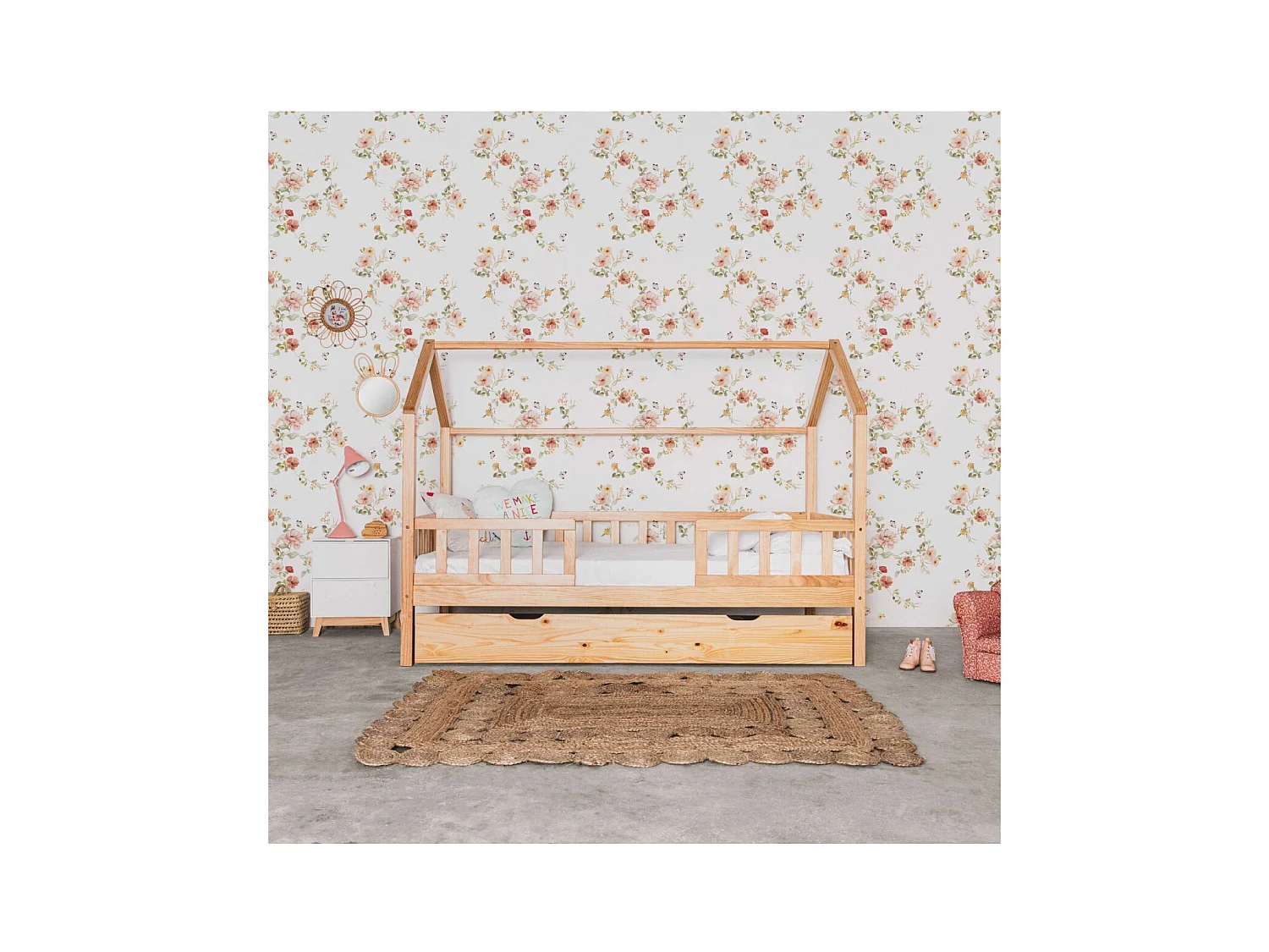 Lit cabane avec barrièrre + lit tiroir bois pin 90x190cm