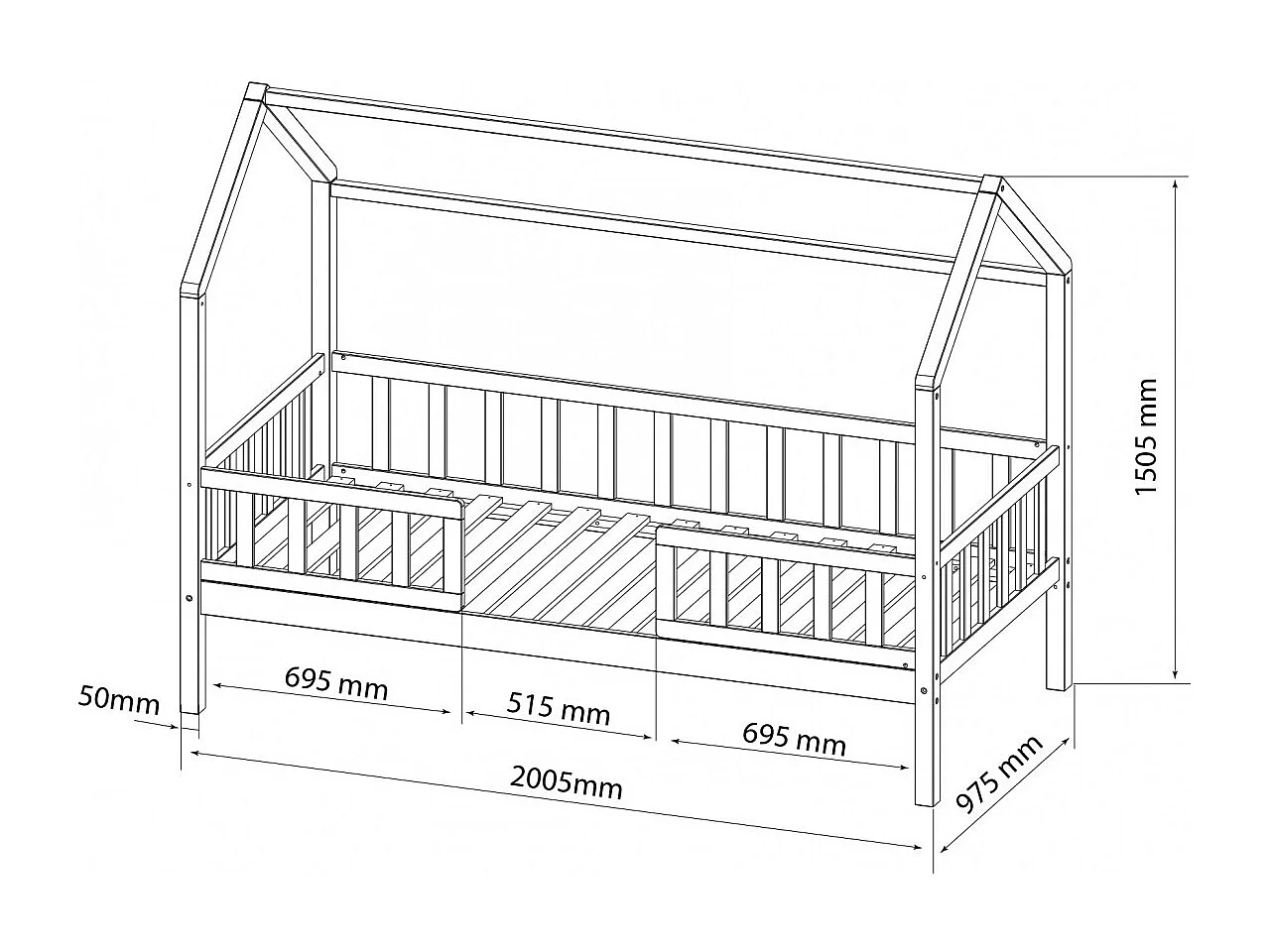 Cama casita con barandilla + cama de arrastre madera pino 90x190cm