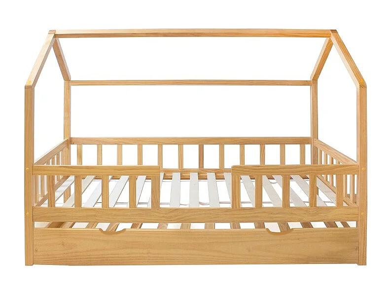 Huisbed met bedhekje + onderschuifbed van grenenhout 90x190cm