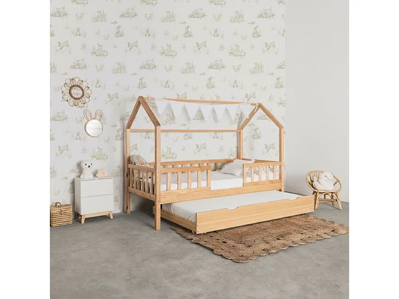 Huisbed met bedhekje + onderschuifbed van grenenhout 90x190cm