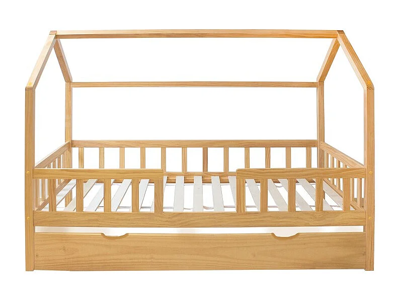 Cama casita con barandilla + cama de arrastre madera pino 90x190cm