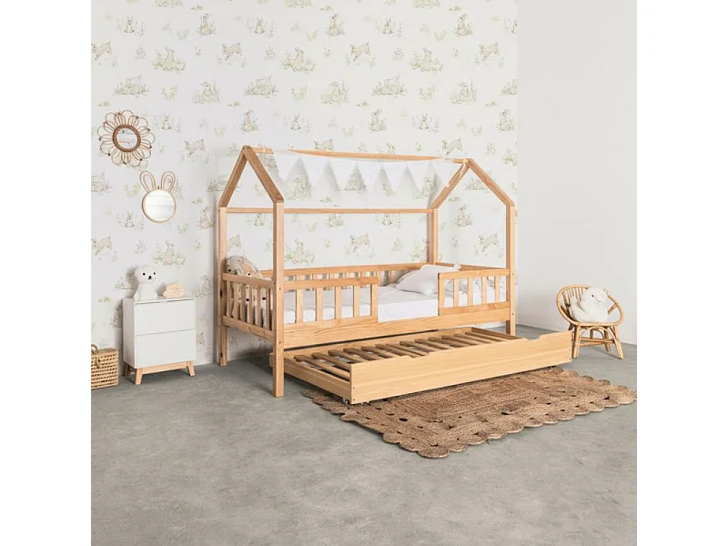 Lit cabane avec barrièrre + lit tiroir bois pin 90x190cm