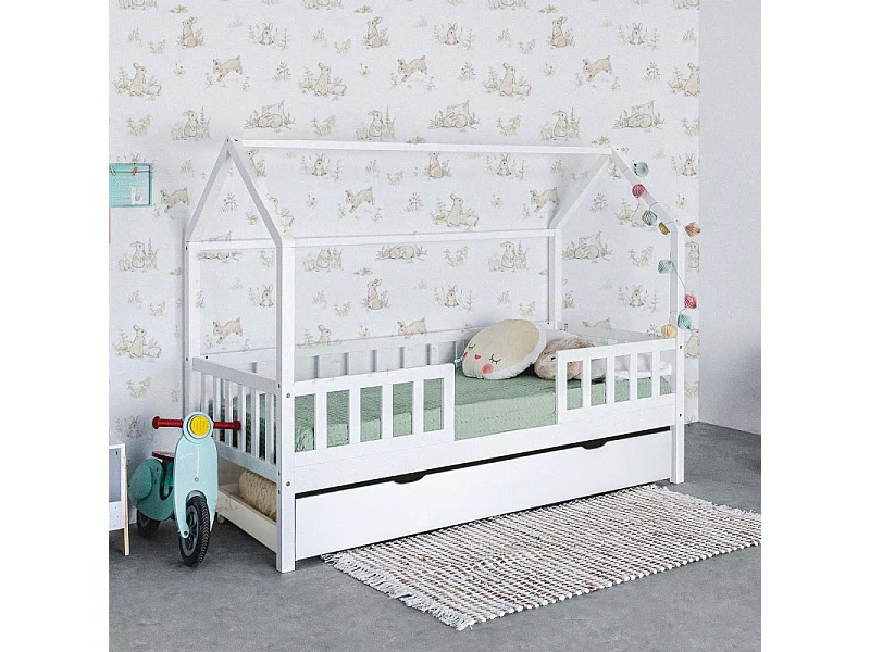 Cama casita con barandilla + cajón almacenaje madera blanco 90x190cm