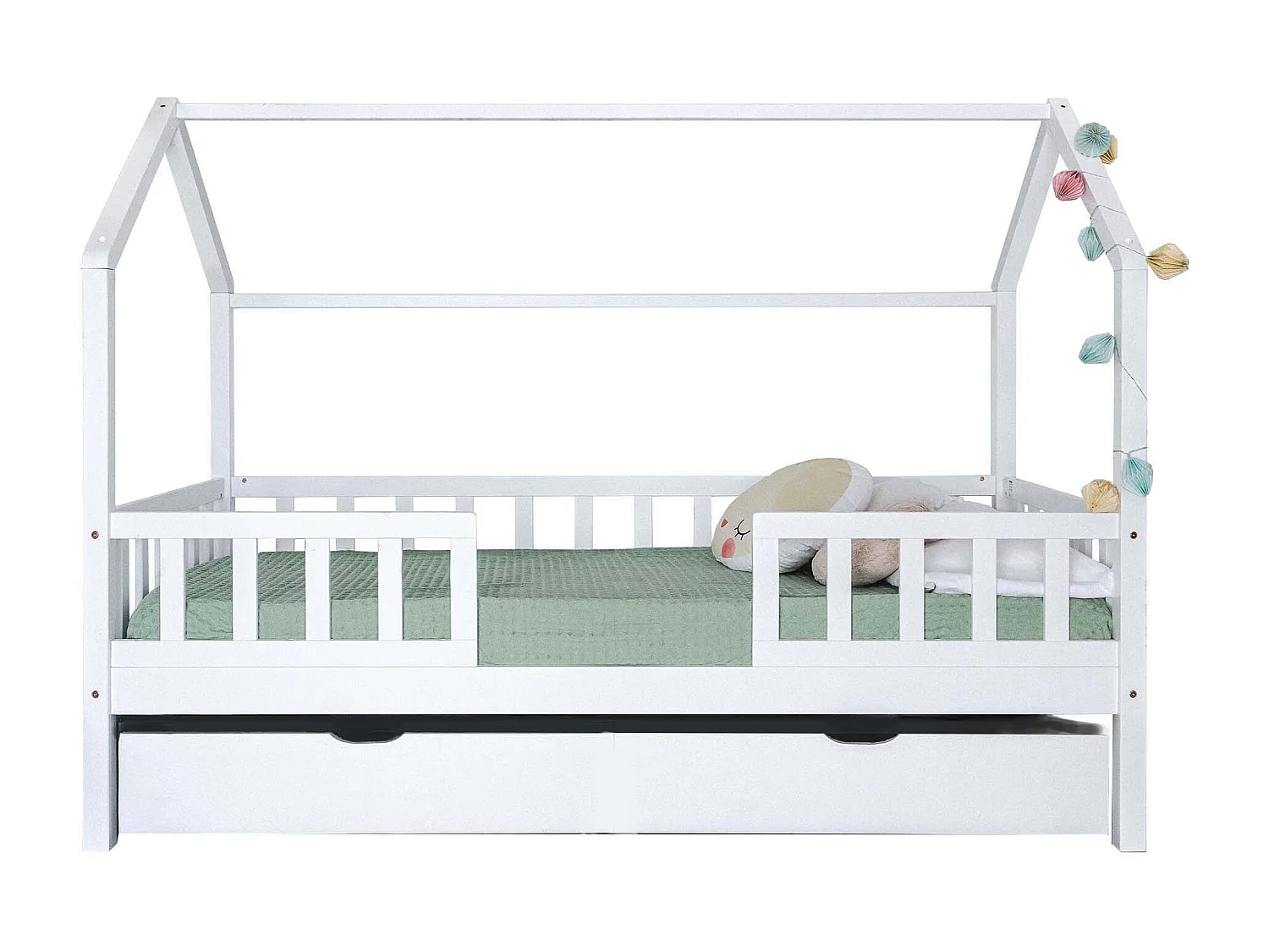 Lit cabane avec barrièrre + tiroir de rangement en bois blanc 90x190cm