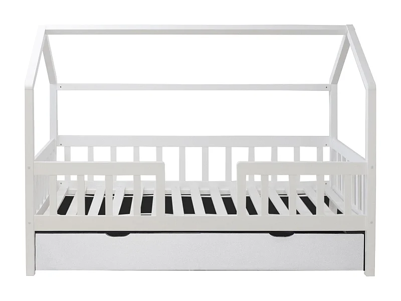 Cama casita con barandilla + cajón almacenaje madera blanco 90x190cm
