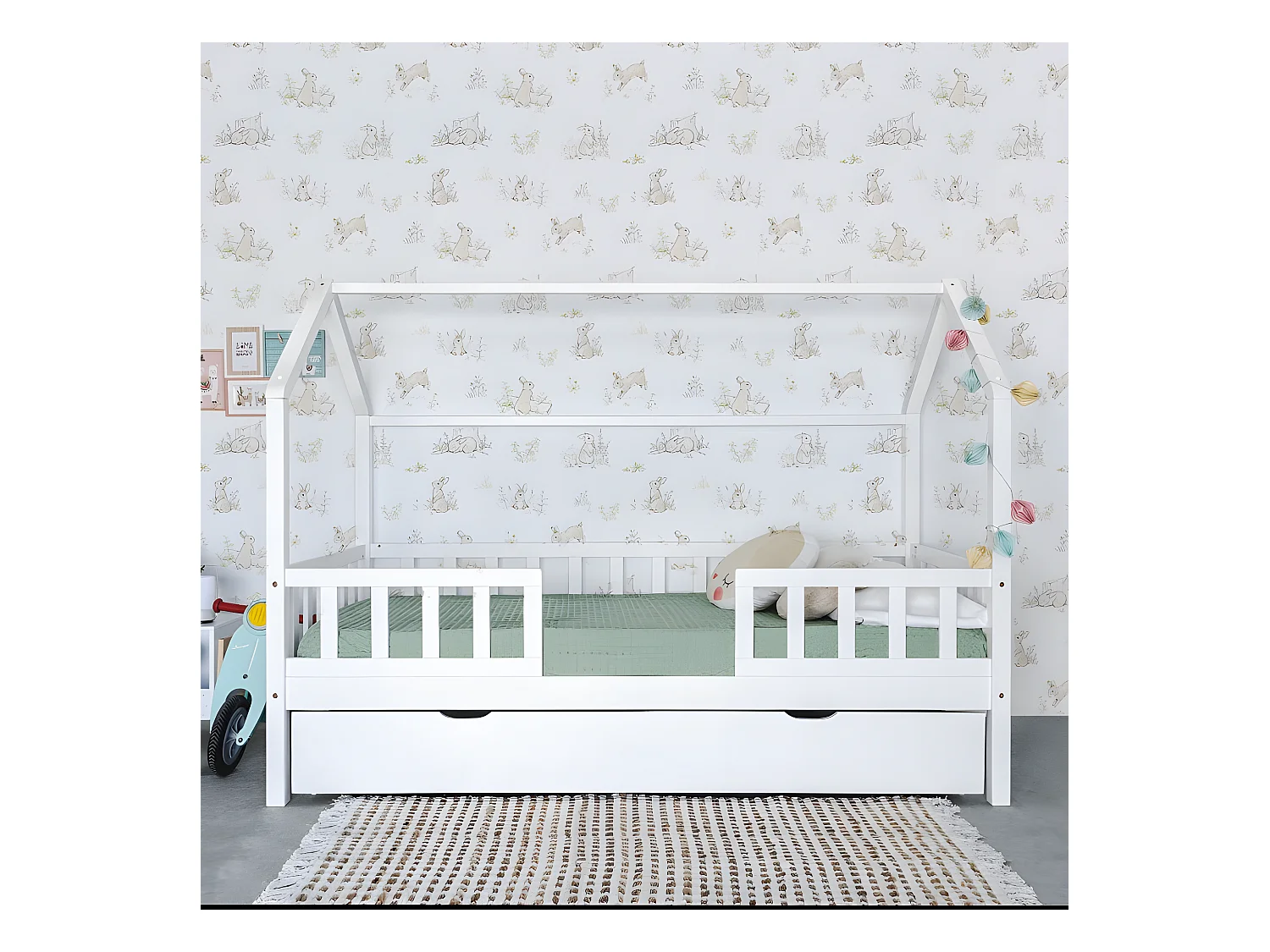 Cama casita con barandilla + cama de arrastre madera blanco 90x190cm