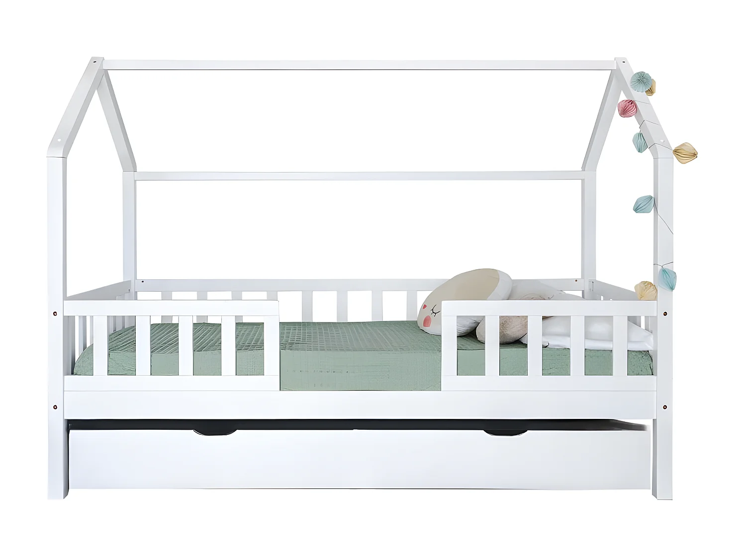 Cama casita con barandilla + cama de arrastre madera blanco 90x190cm