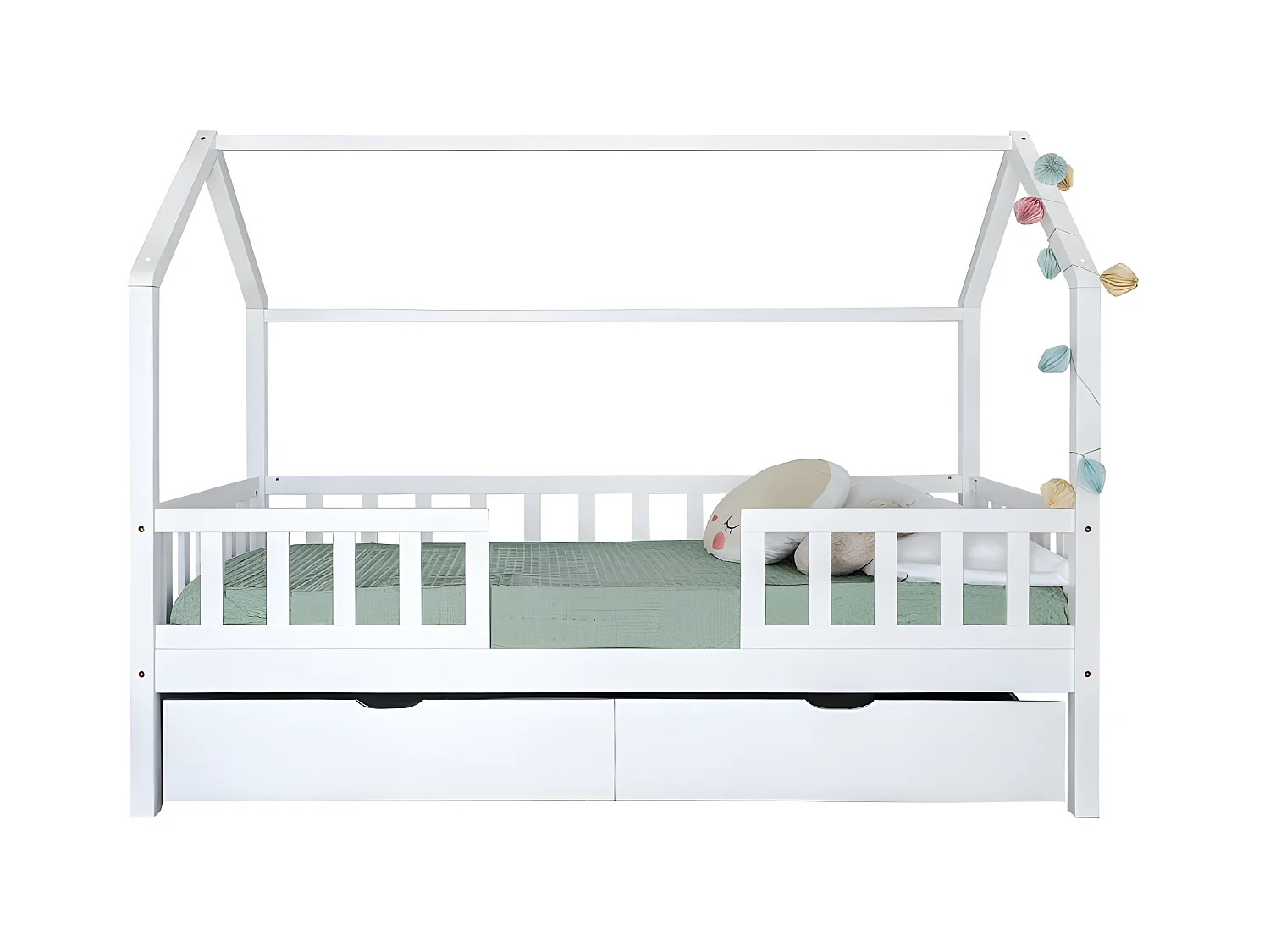 Cama casita con barandilla + cama de arrastre madera blanco 90x190cm