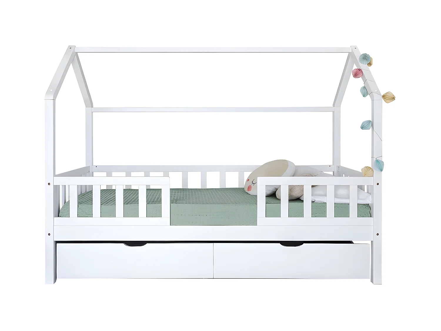 Cama casita con barandilla + cama de arrastre madera blanco 90x190cm