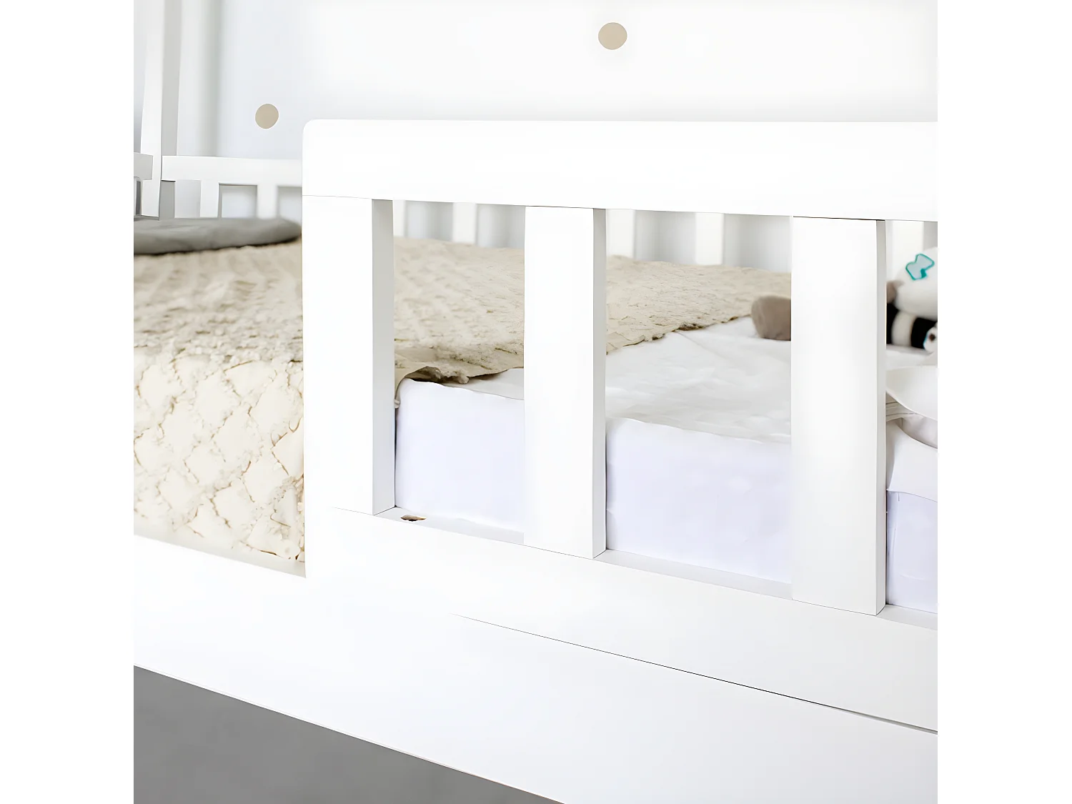 Cama casita con barandilla + cama de arrastre madera blanco 90x190cm