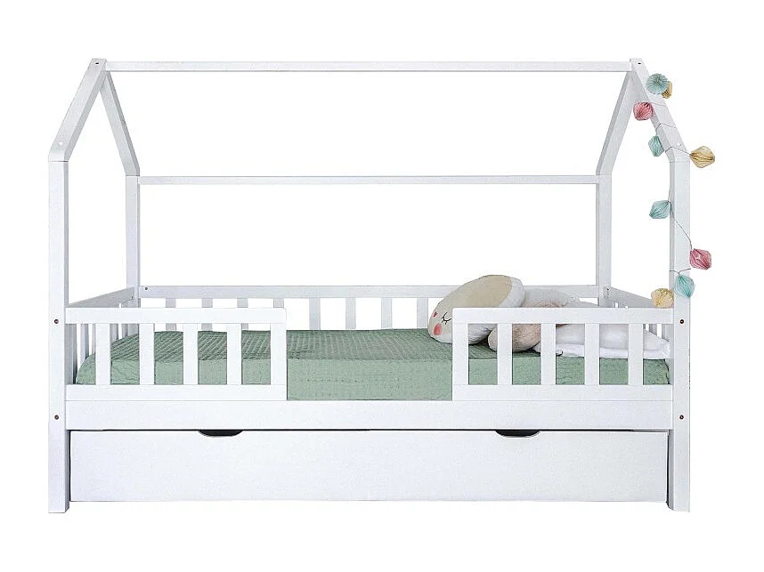 Cama casita con barandilla + cama de arrastre madera blanco 90x190cm