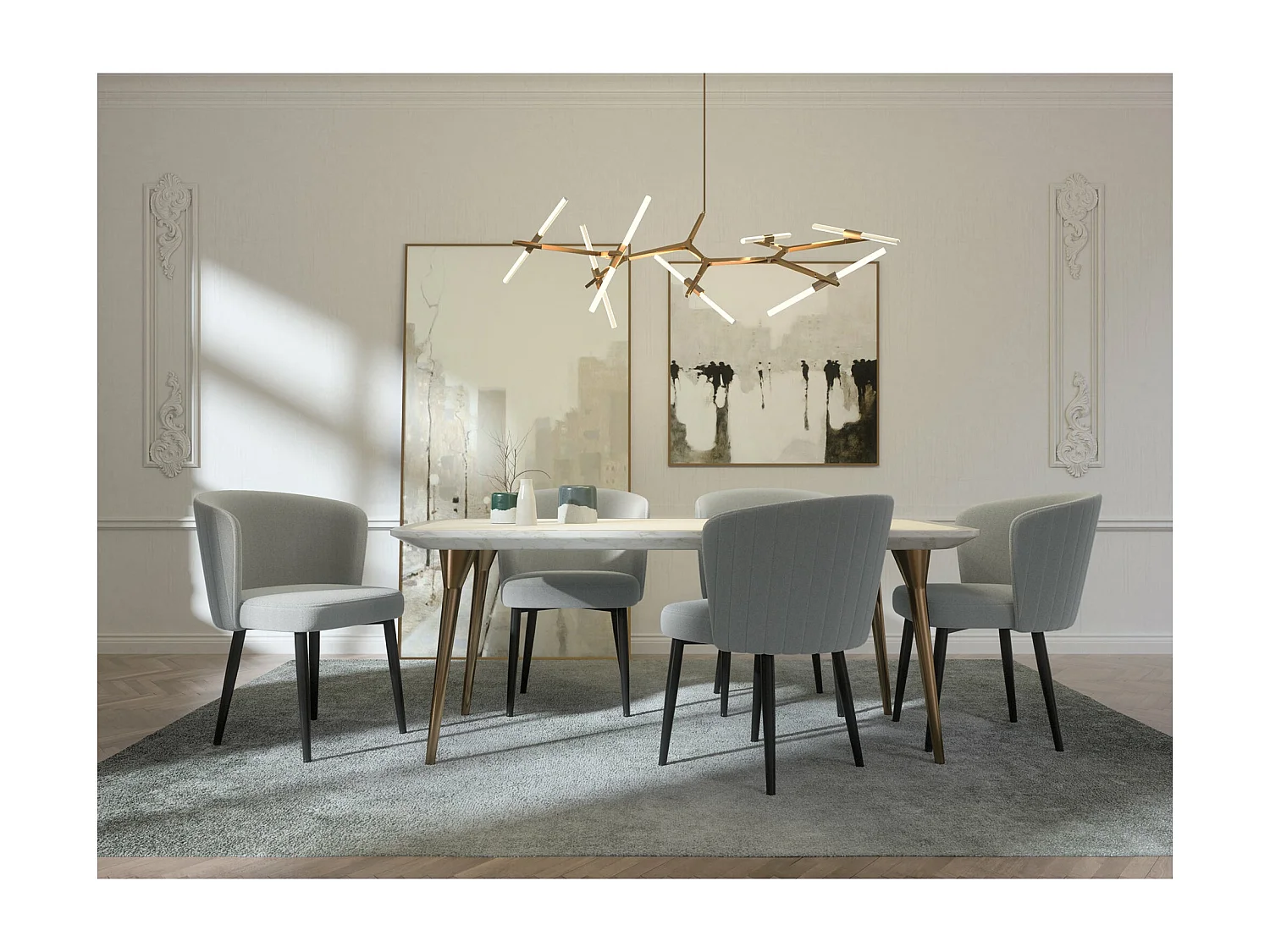 Lot de 2 chaises tissu gris clair passepoil gris clair pieds noir mat