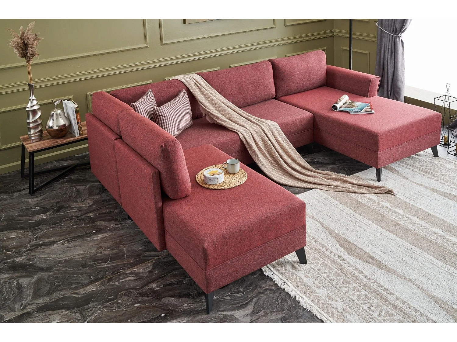 Canapé panoramique d'angle convertible Lalaria Tissu Bordeaux