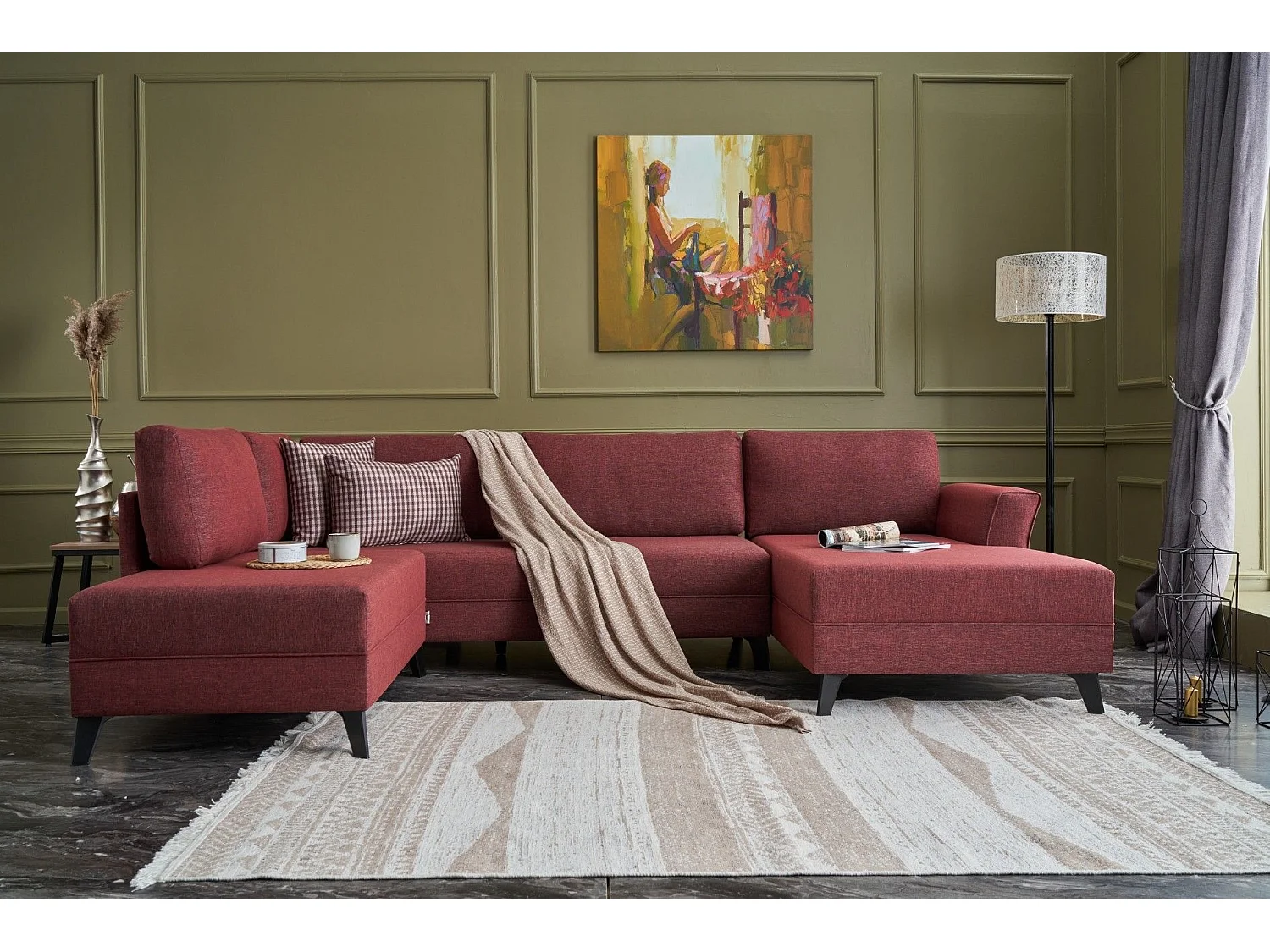 Canapé panoramique d'angle convertible Lalaria Tissu Bordeaux