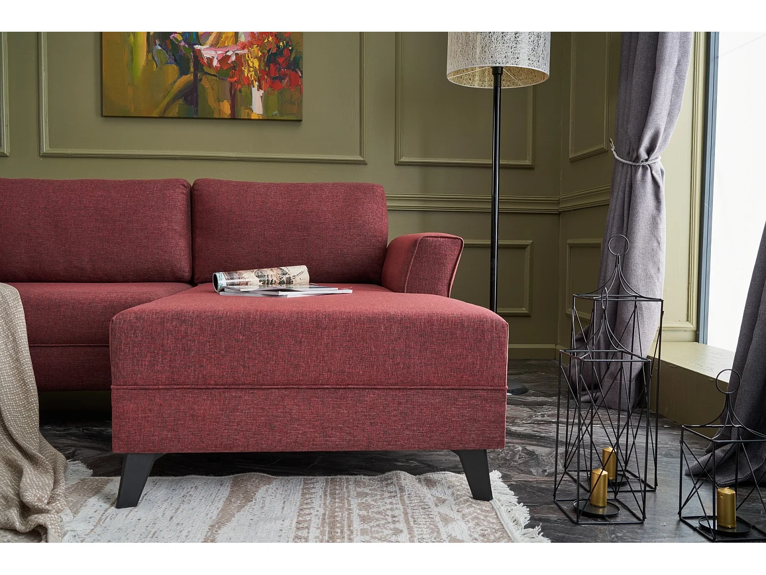 Canapé panoramique d'angle convertible Lalaria Tissu Bordeaux