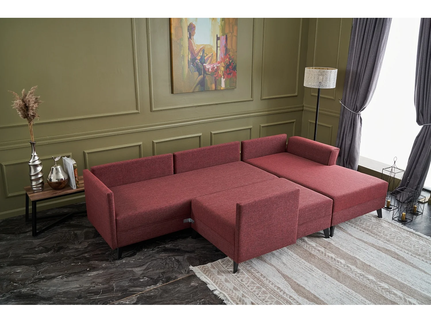 Canapé panoramique d'angle convertible Lalaria Tissu Bordeaux