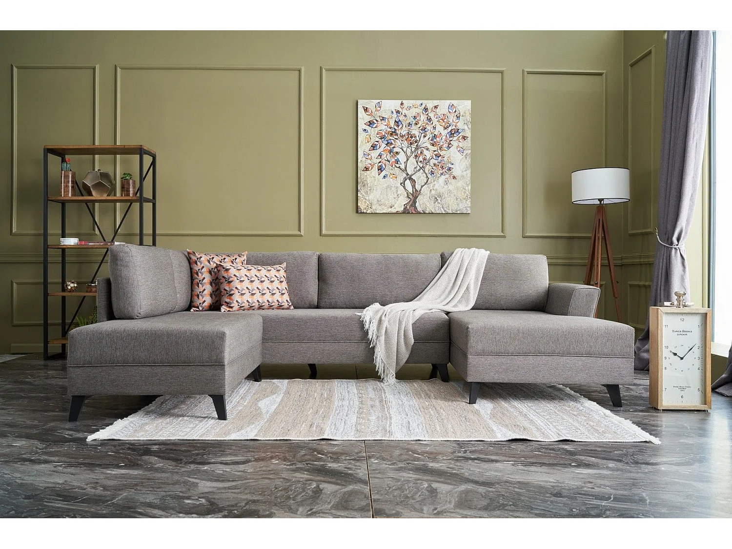 Canapé panoramique d'angle convertible Lalaria Tissu Marron