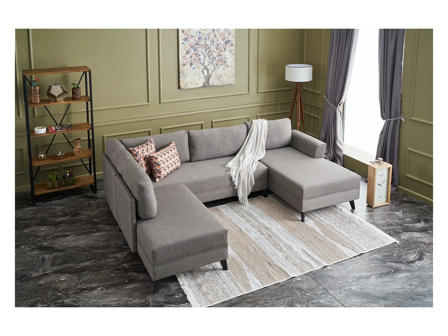 Canapé panoramique d'angle convertible Lalaria Tissu Marron