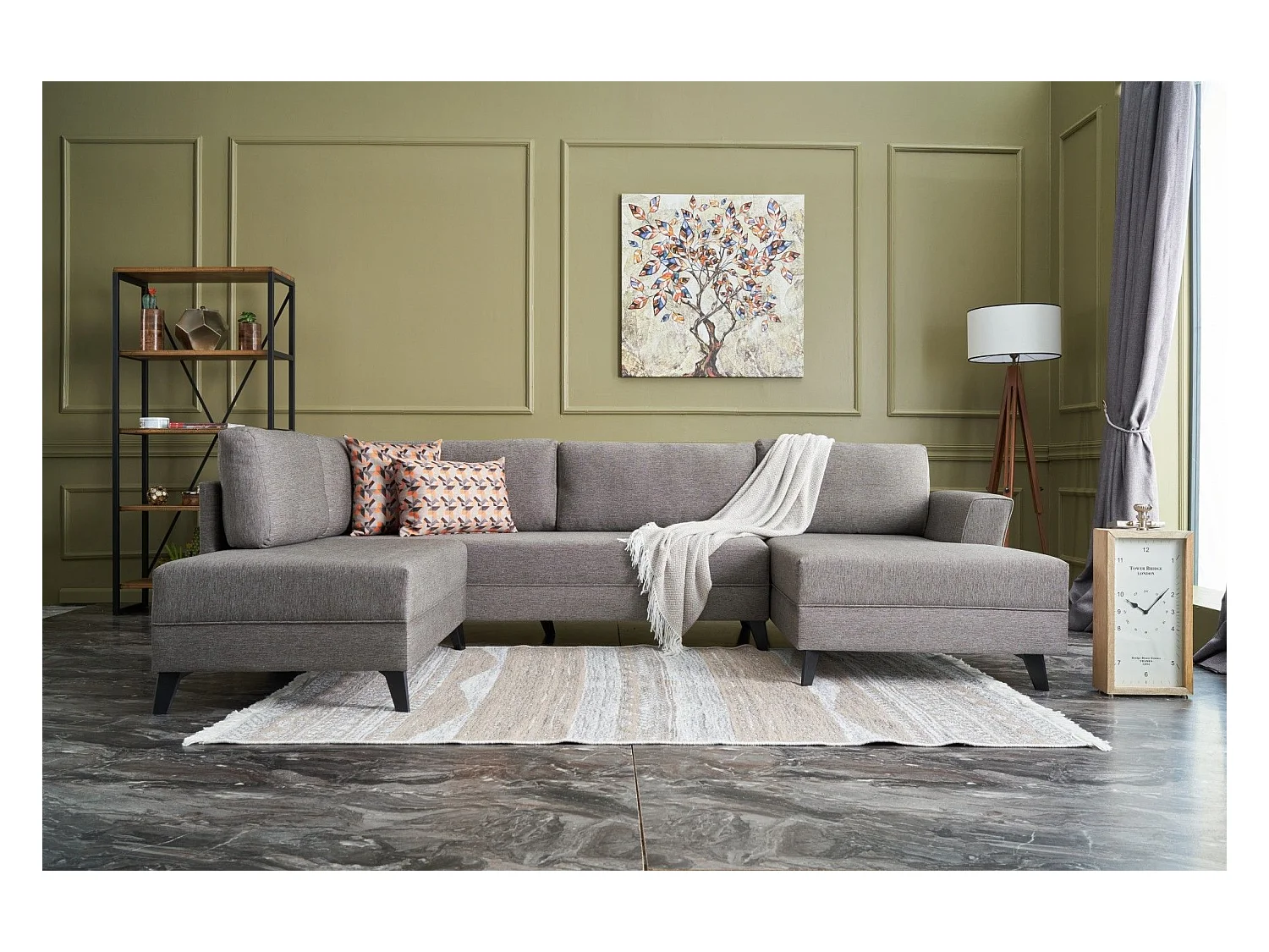 Canapé panoramique d'angle convertible Lalaria Tissu Marron