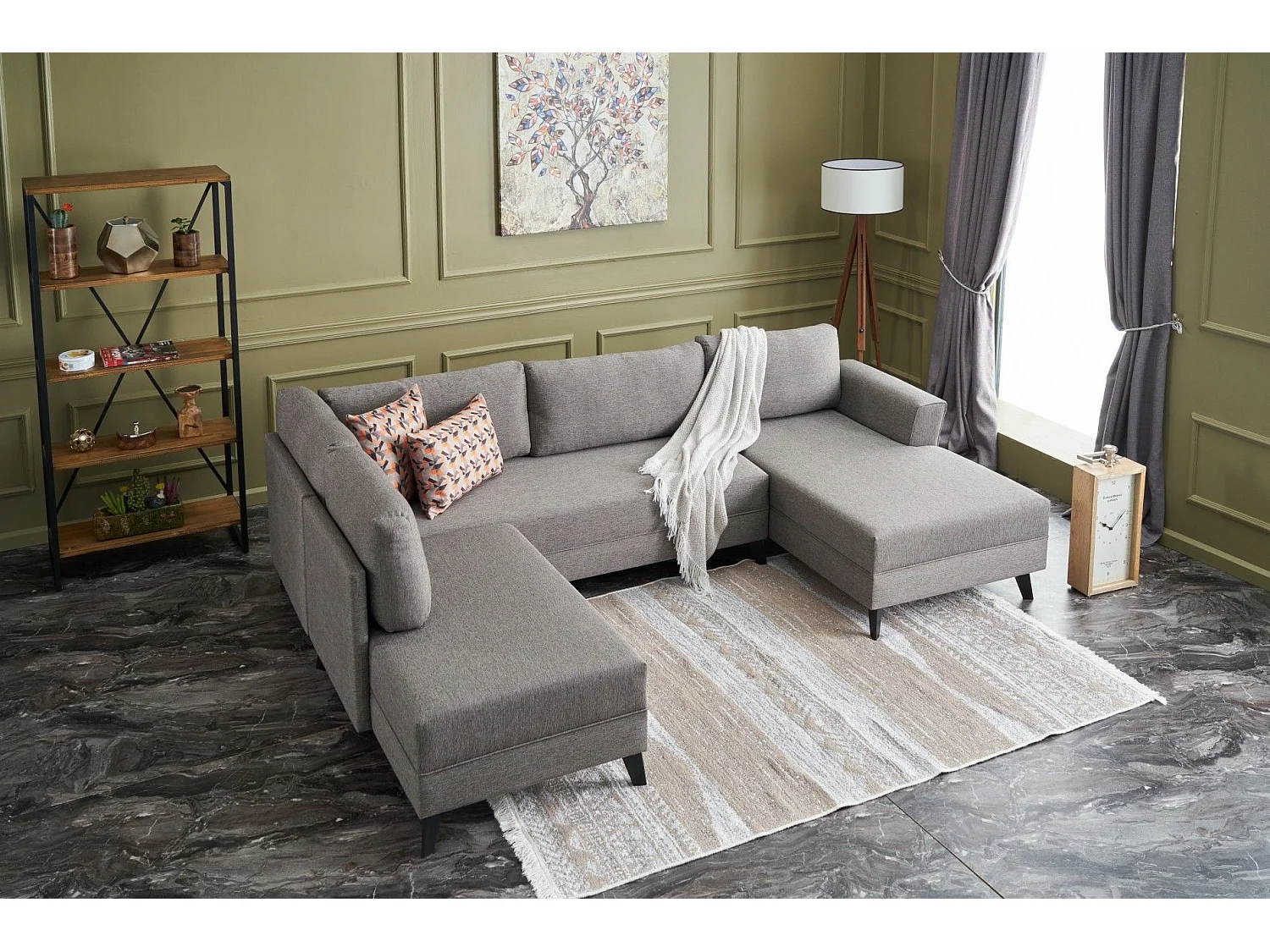 Panoramische bank bruine stof Karina 300 cm