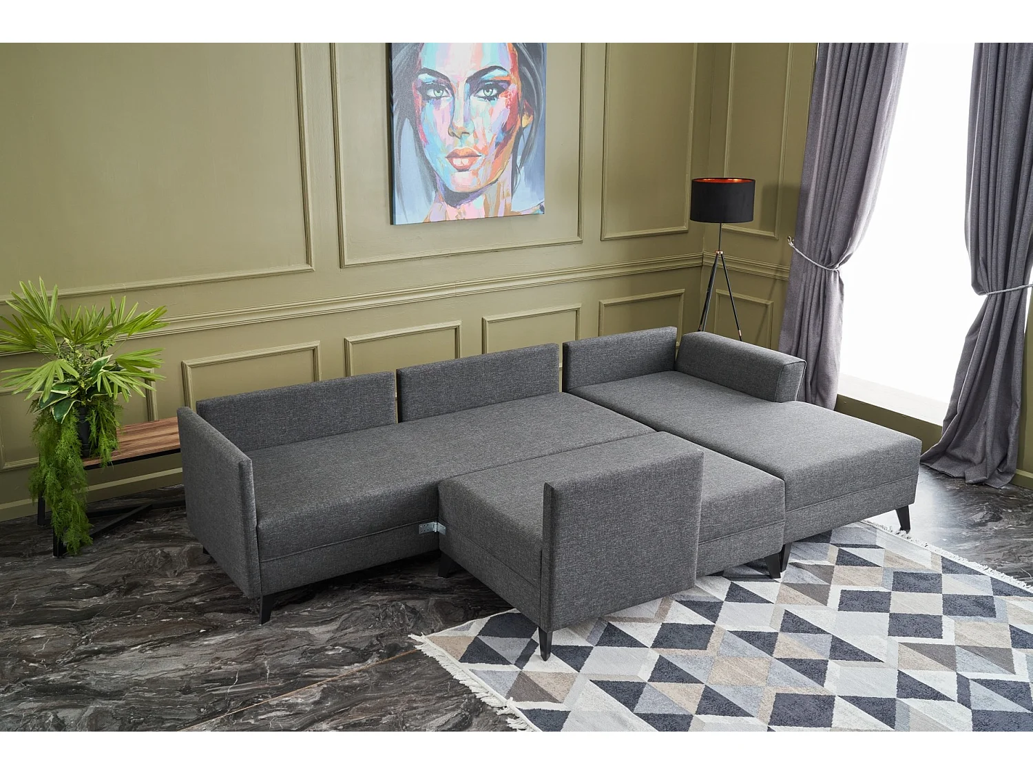 Canapé panoramique d'angle convertible Lalaria Tissu Anthracite