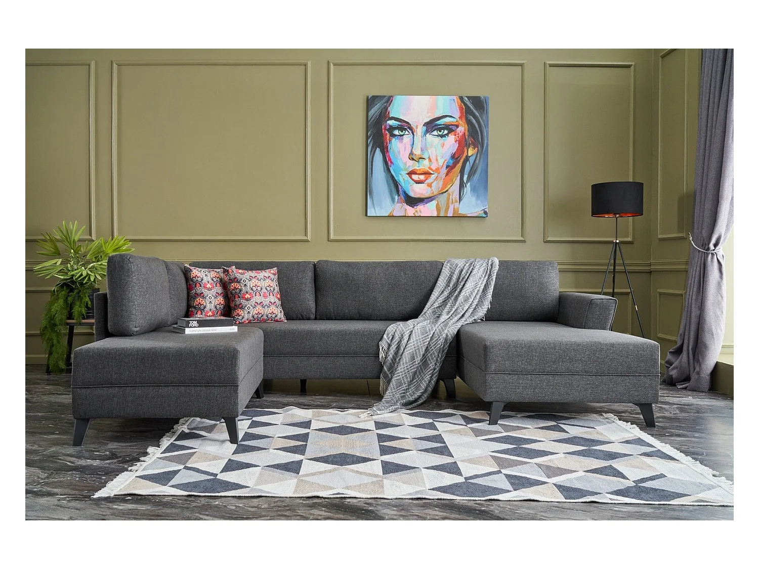 Canapé panoramique d'angle convertible Lalaria Tissu Anthracite