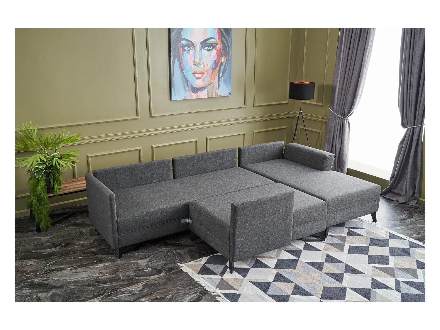 Canapé panoramique d'angle convertible Lalaria Tissu Anthracite