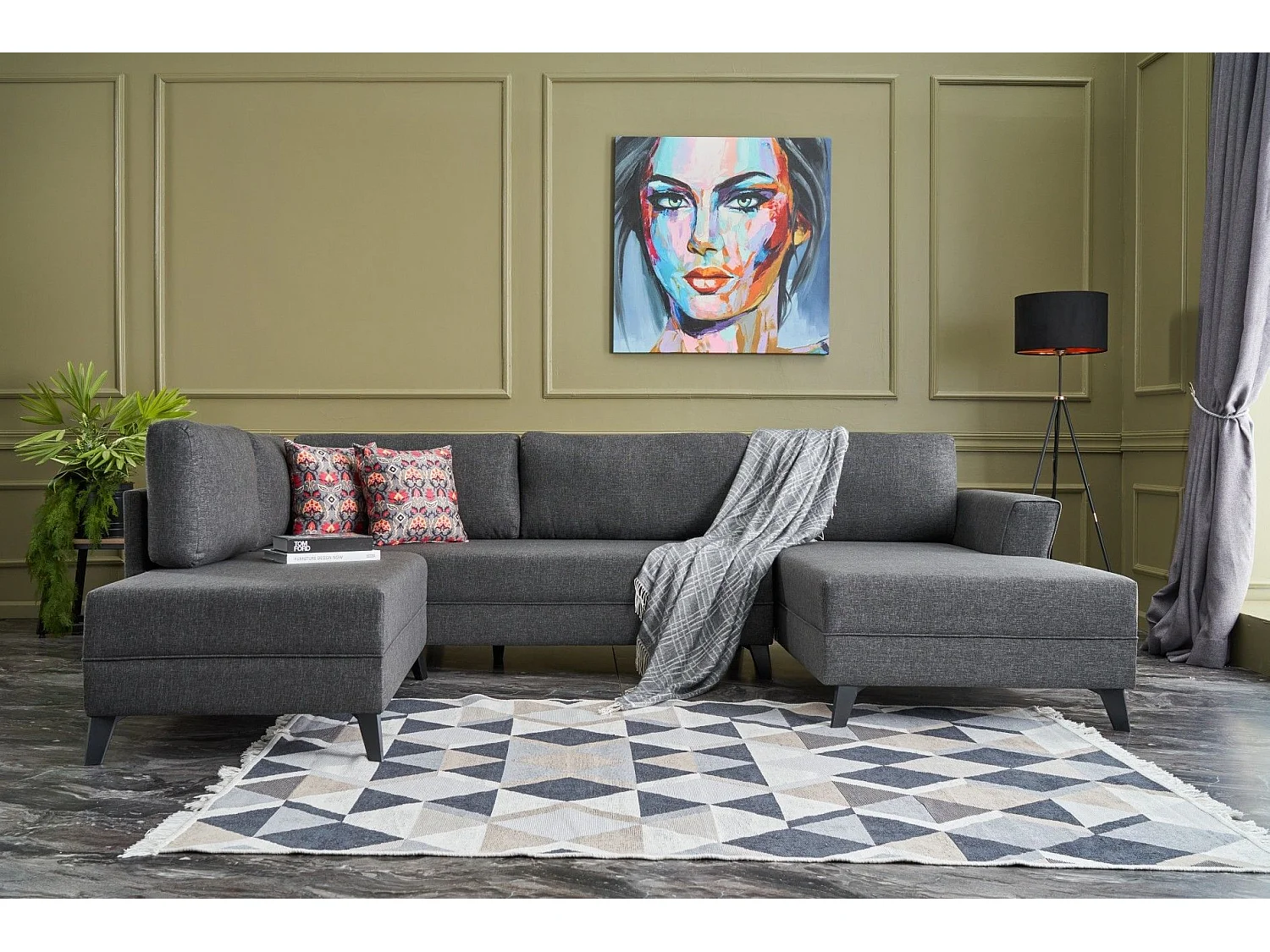 Panoramische bank antraciet stof Karina 300 cm