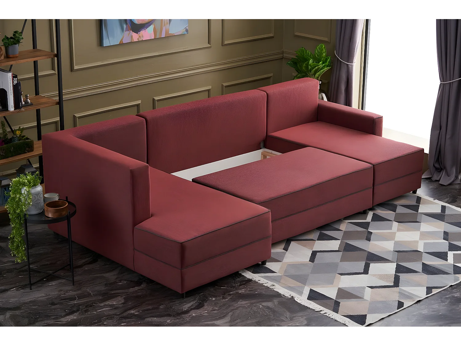 Divano angolare Altadena 313, Rosso, Funzione di sonno, Scatola da letto, 315x160x88cm