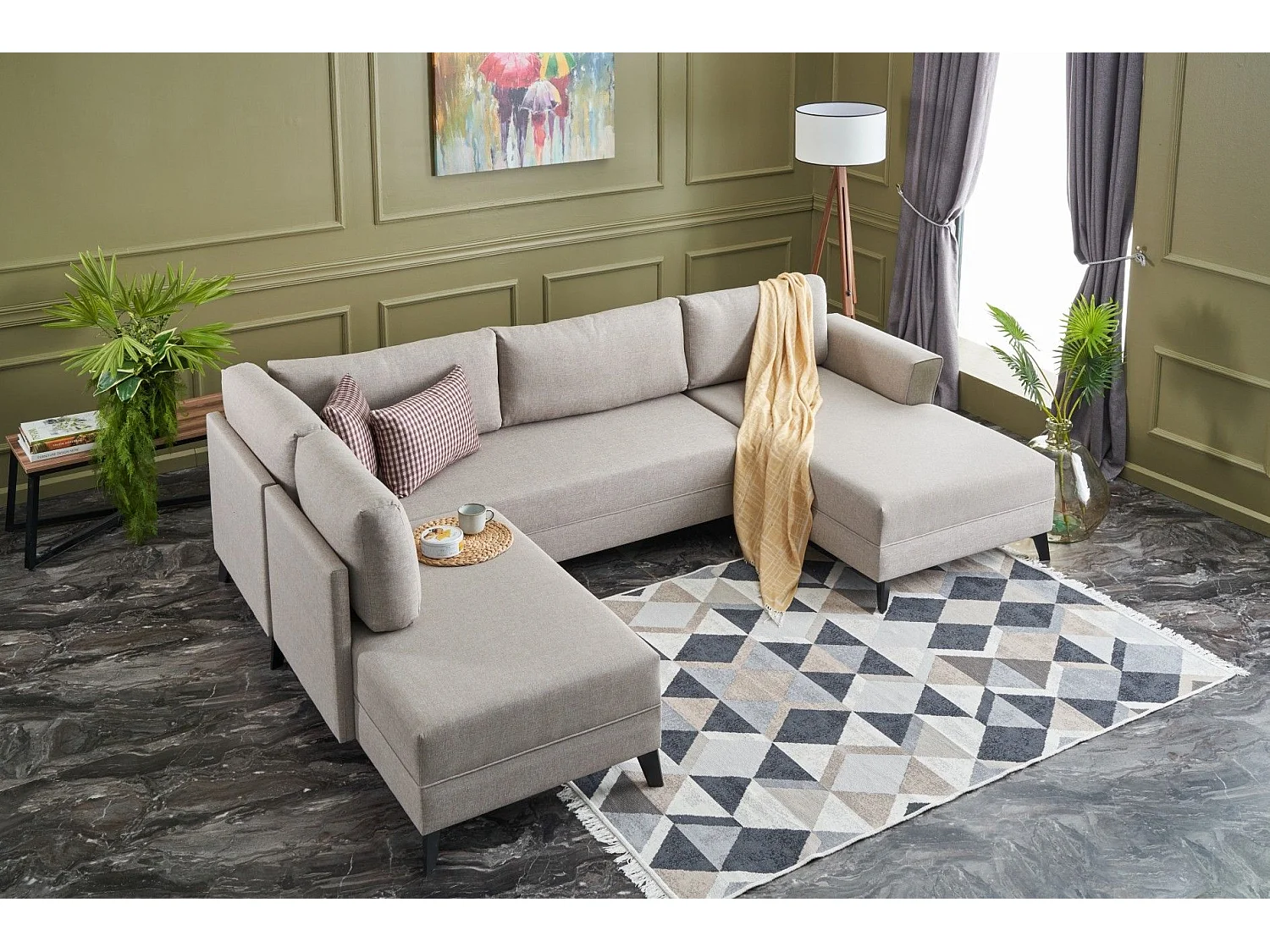 Canapé panoramique d'angle convertible Lalaria Tissu Blanc crème