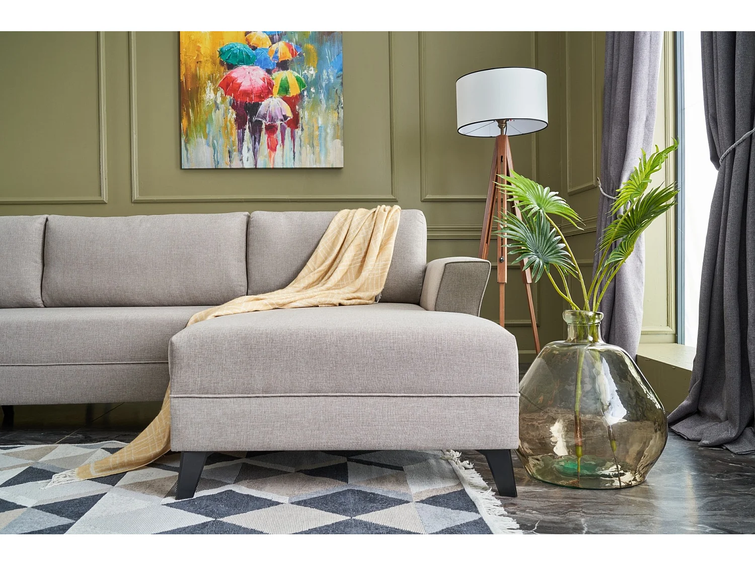 Canapé panoramique d'angle convertible Lalaria Tissu Blanc crème