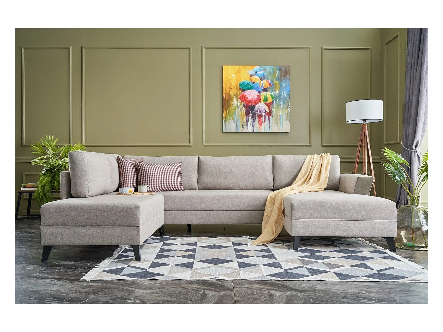 Canapé panoramique d'angle convertible Lalaria Tissu Blanc crème