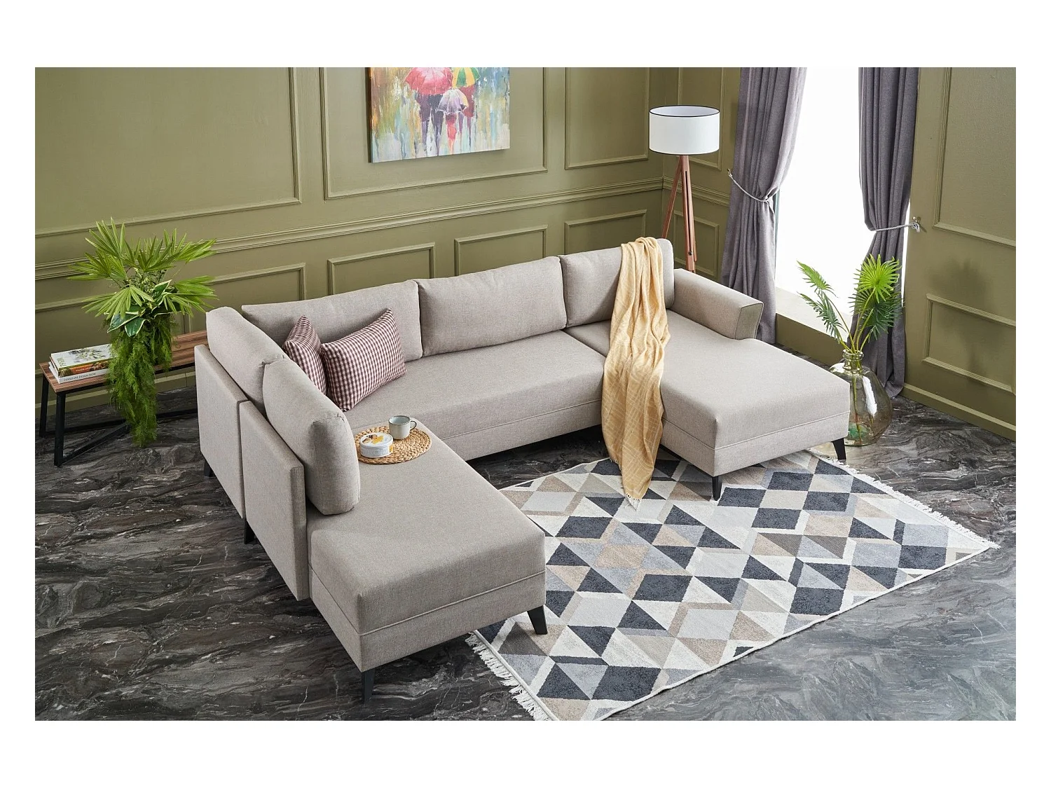 Canapé panoramique d'angle convertible Lalaria Tissu Blanc crème