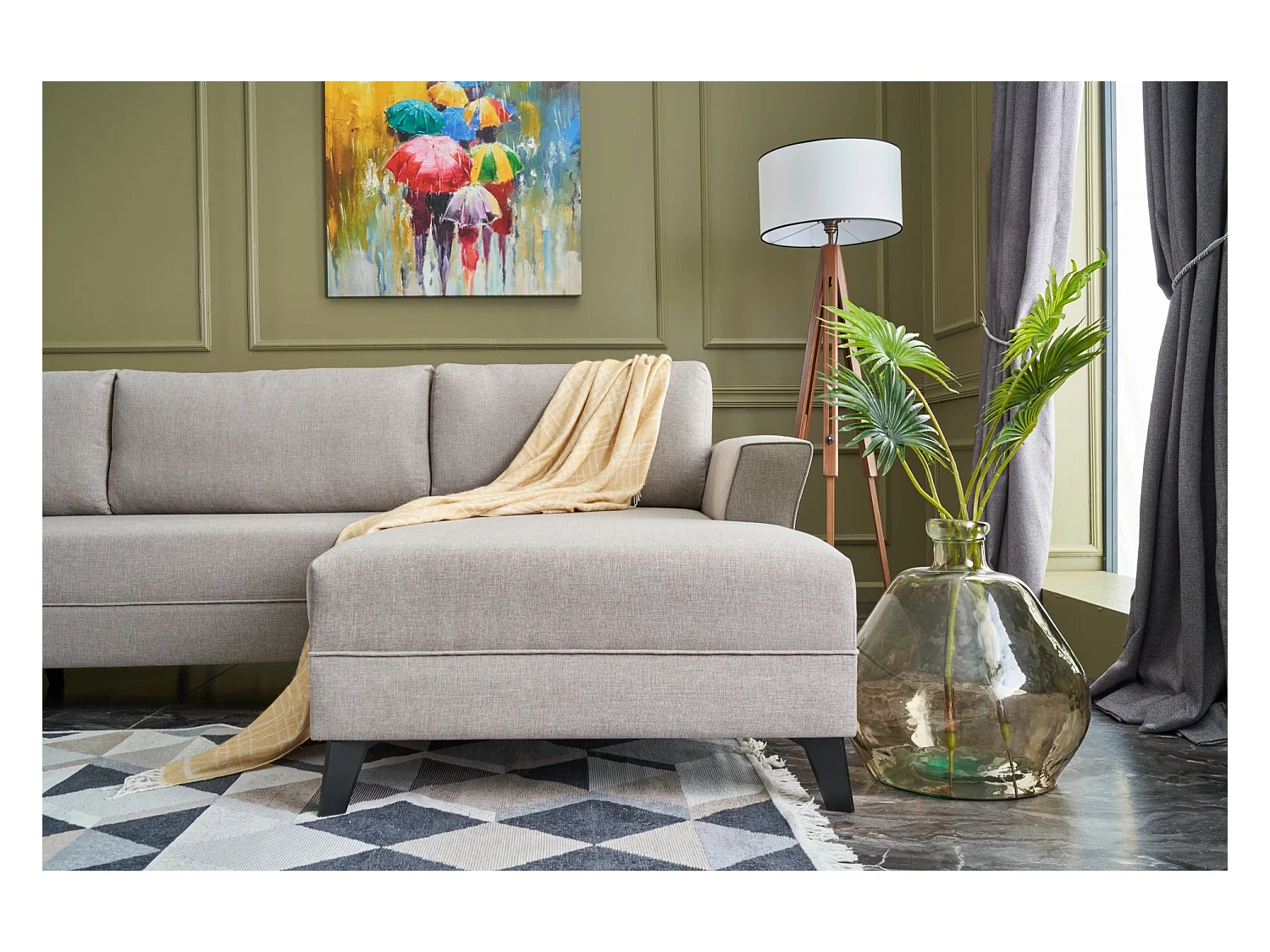 Canapé panoramique d'angle convertible Lalaria Tissu Blanc crème