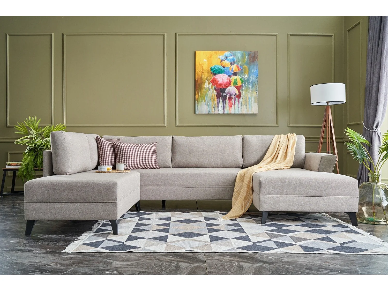 Canapé panoramique d'angle convertible Lalaria Tissu Blanc crème