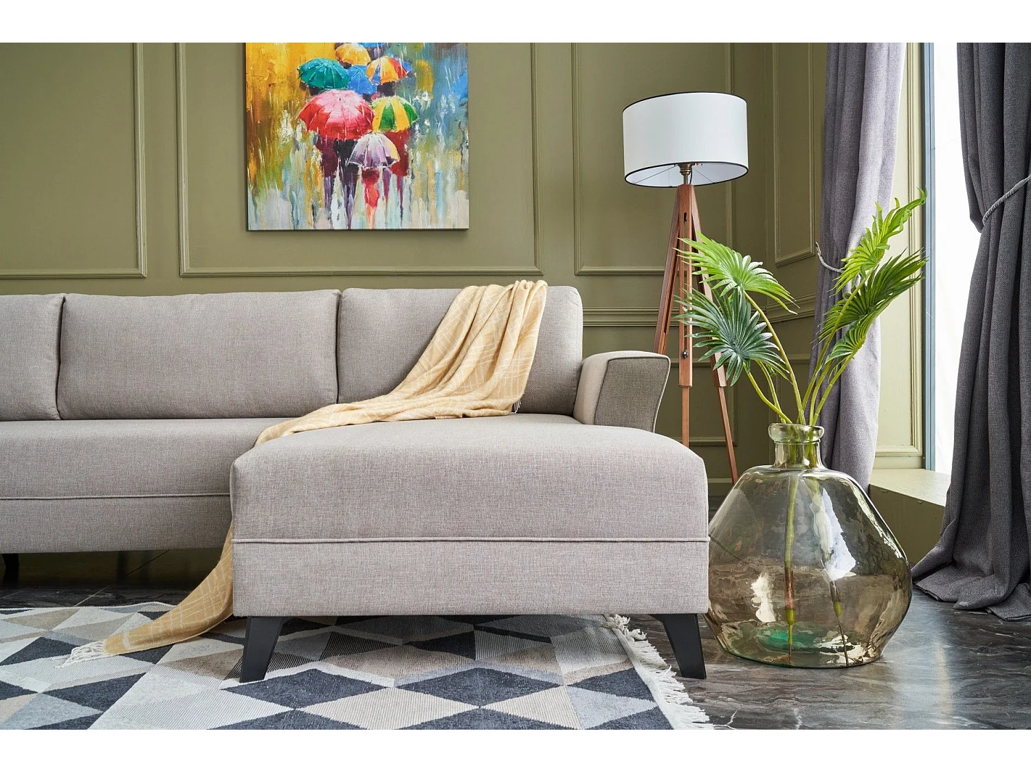 Canapé panoramique d'angle convertible Lalaria Tissu Blanc crème