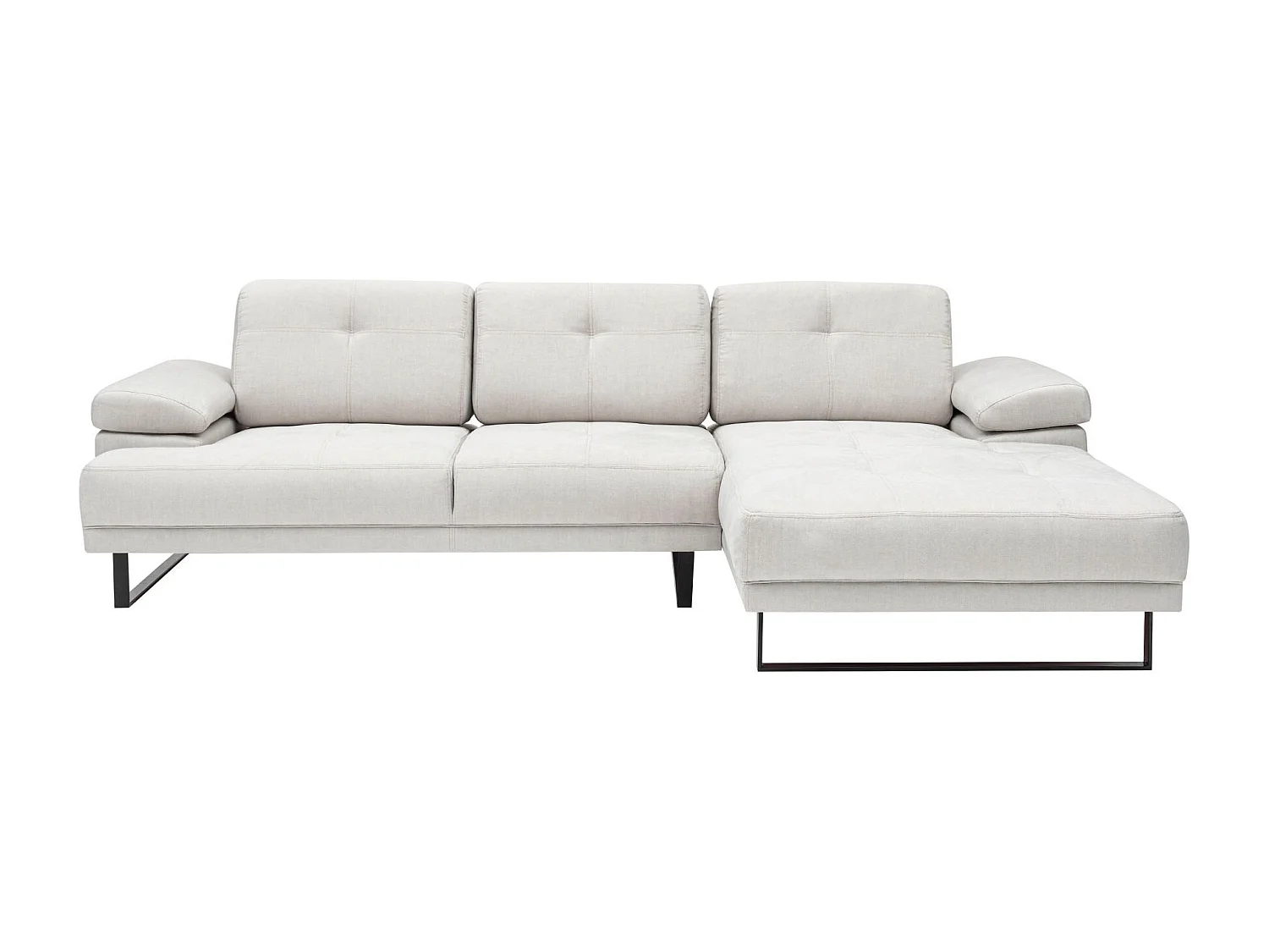 Moderne rechterhoekbank zachte lichtbeige stof zwart metalen poten Kustone 274 cm