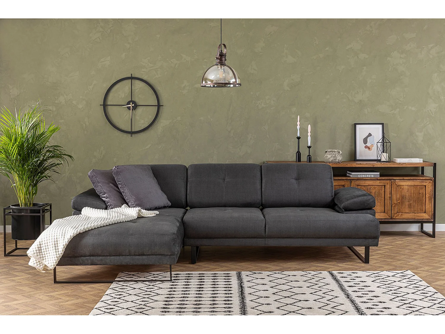 Moderne hoekbank links zacht antraciet stof zwart metalen poten Kustone 274 cm