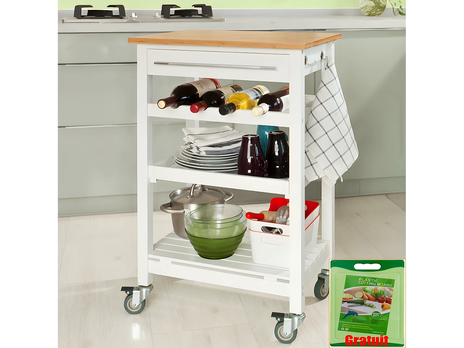 SoBuy  Carrello da cucina, Carrello di servizio, , Legno e Bambù, FKW16-WN, (L58*L40*A90cm).IT