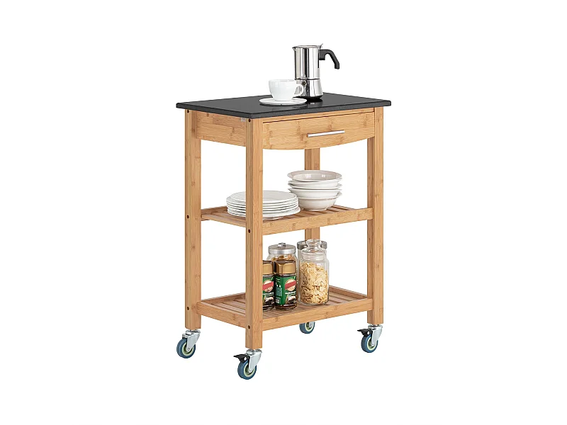 SoBuy Carrello cucina Carrello di servizio Scaffale bambù e piano in granito Nero FKW28-SCH