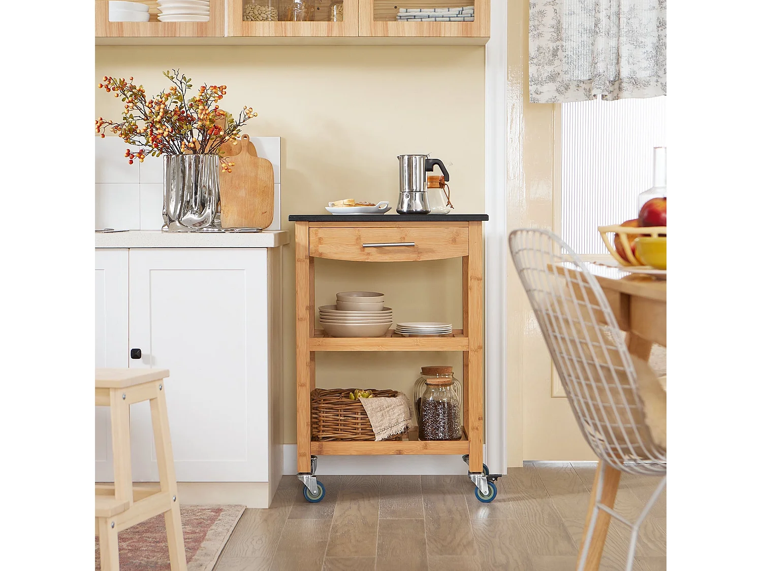 SoBuy Carrello cucina Carrello di servizio Scaffale bambù e piano in granito Nero FKW28-SCH