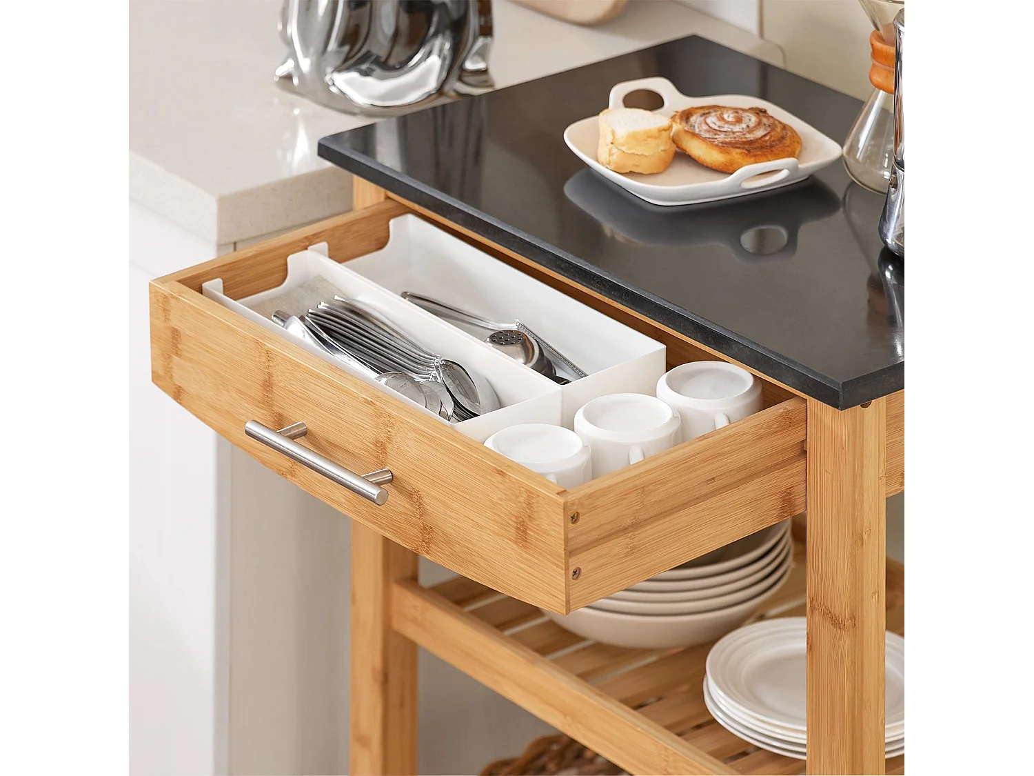 SoBuy Carrello cucina Carrello di servizio Scaffale bambù e piano in granito Nero FKW28-SCH
