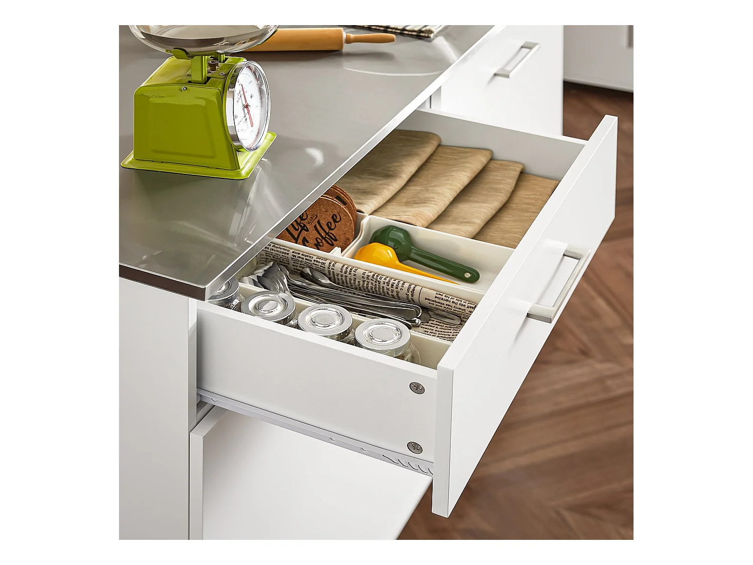 SoBuy Kredens z kółkami i stalowym blatem FKW117-W