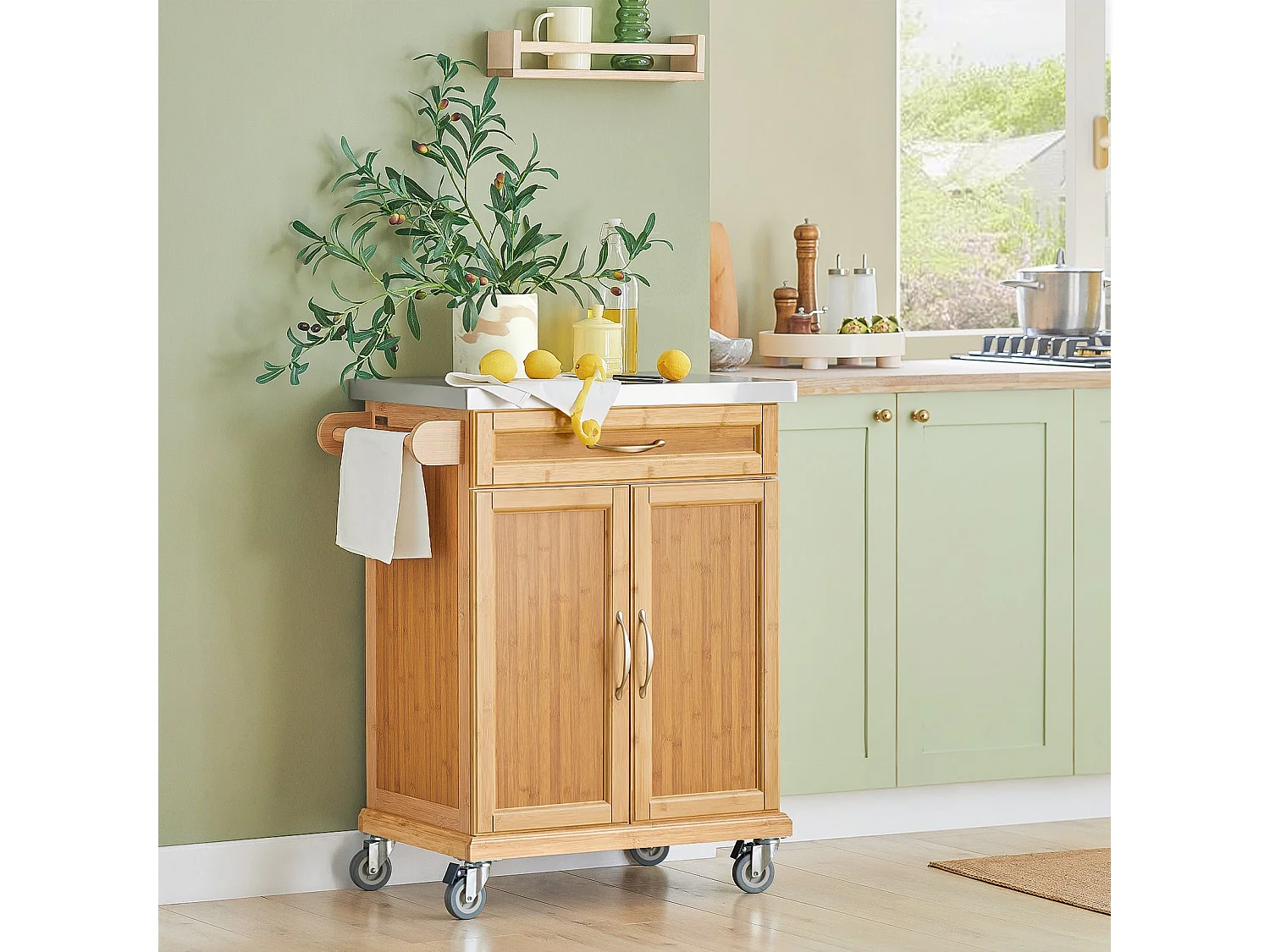 Luxus-Carrito de cocina con piso de acero, estantería de cocina,carrito de servir de bambú de alta calidad L66xP45xA90cm,FKW13-N SoBuy ES