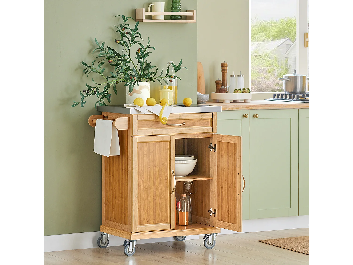 Luxus-Carrito de cocina con piso de acero, estantería de cocina,carrito de servir de bambú de alta calidad L66xP45xA90cm,FKW13-N SoBuy ES