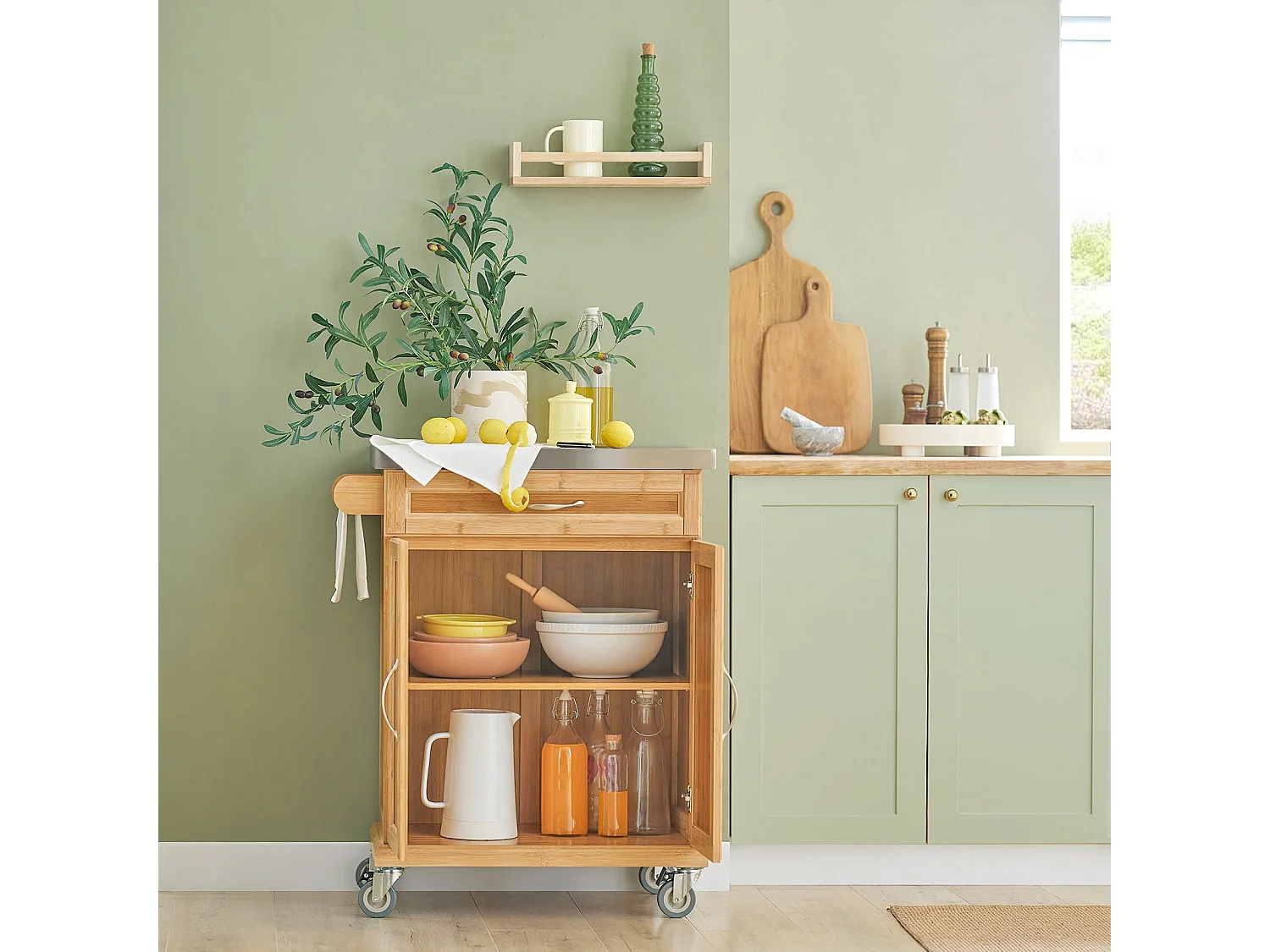 Luxus-Carrito de cocina con piso de acero, estantería de cocina,carrito de servir de bambú de alta calidad L66xP45xA90cm,FKW13-N SoBuy ES